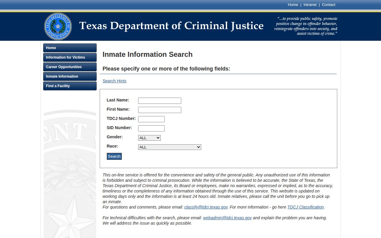 TDCJ search form for Red River County released inmate records